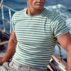 Men's T Shirt Short Sleeve Crew Neck Summer Striped Fashion Designer Basic Classic Vacation Street Going out Green Top Tee for Men