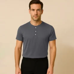 Men's T Shirt Short Sleeve Solid Daily Casual Button Up Quick Dry Henley School Outdoor Vacation All Seasons Dark Grey Black White Henley T-Shirt