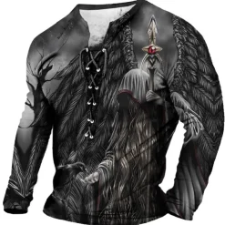 Men's T shirt Tee Graphic Skulls Collar Clothing Apparel 3D Print Daily Going out Long Sleeve Lace up Print Fashion Designer Comfortable