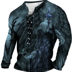Men's T shirt Tee Graphic Skulls Collar Clothing Apparel 3D Print Daily Going out Long Sleeve Lace up Print Fashion Designer Comfortable