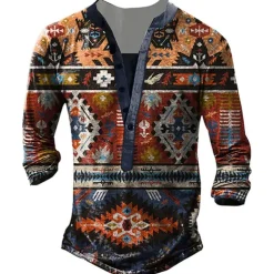 Men's T shirt Tee Henley Shirt Graphic Geometry Henley White Blue Camel Brown 3D Print Street Casual Long Sleeve Button-Down Print Clothing Apparel Stylish Vintage Basic Classic