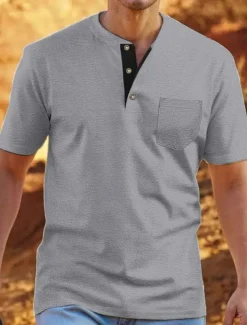 Men's T shirt Tee Henley Shirt Tee Top Plain Henley Street Vacation Short Sleeves Clothing Apparel Fashion Designer Basic