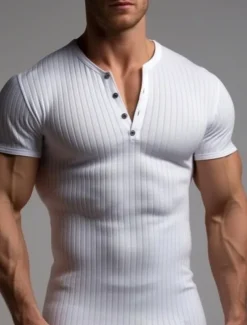 Men's T shirt Tee Henley Shirt Ribbed Knit tee Tee Top Plain Henley Street Vacation Short Sleeves Clothing Apparel Fashion Designer Basic
