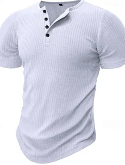 Men's T shirt Tee Henley Shirt Ribbed Knit tee Tee Top Plain Henley Street Vacation Short Sleeves Clothing Apparel Fashion Designer Basic