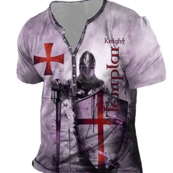 Men's T shirt Tee Henley Shirt Tee Designer Basic Casual Shirt Graphic Templar Cross Knights Templar Cross Short Sleeve Shirt Blue Purple Brown Outdoor Daily Sports Henley Summer Clothing Apparel 3D