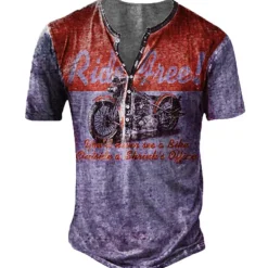 Men's T shirt Tee Henley Shirt Tee Graphic Motorcycle Henley Blue red Red Blue Purple Green 3D Print Plus Size Outdoor Casual Short Sleeve Button-Down Print Clothing Apparel Designer Stylish Retro