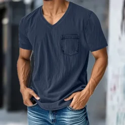 Men's T Shirt Tee Short Sleeve Shirt Tee Top Short Sleeve V Neck Summer Plain Fashion Designer Basic Pocket Vacation Street Going out Black Navy Blue Blue Top Tee for Men