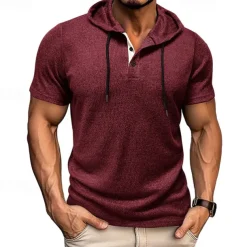 Men's T Shirt Tee Short Sleeve Shirt Tee Top Short Sleeve Hooded Summer Plain Fashion Designer Basic Buttons Vacation Street Going out Wine Black Blue Top Tee for Men