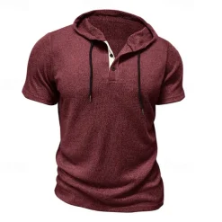 Men's T Shirt Tee Short Sleeve Shirt Tee Top Short Sleeve Hooded Summer Plain Fashion Designer Basic Buttons Vacation Street Going out Wine Black Blue Top Tee for Men