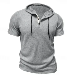 Men's T Shirt Tee Short Sleeve Shirt Tee Top Short Sleeve Hooded Summer Plain Fashion Designer Basic Buttons Vacation Street Going out Wine Black Blue Top Tee for Men