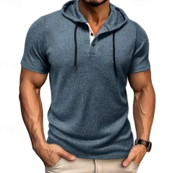 Men's T Shirt Tee Short Sleeve Shirt Tee Top Short Sleeve Hooded Summer Plain Fashion Designer Basic Buttons Vacation Street Going out Wine Black Blue Top Tee for Men