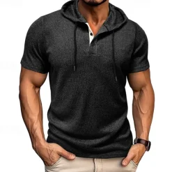 Men's T Shirt Tee Short Sleeve Shirt Tee Top Short Sleeve Hooded Summer Plain Fashion Designer Basic Buttons Vacation Street Going out Wine Black Blue Top Tee for Men