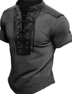 Men's T Shirt Tee Short Sleeve Collar Summer Graphic Color Block Vintage Fashion Designer Lace up Print Casual Daily Sports Black Blue Brown Top Tee for Men