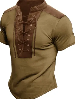 Men's T Shirt Tee Short Sleeve Collar Summer Graphic Color Block Vintage Fashion Designer Lace up Print Casual Daily Sports Black Blue Brown Top Tee for Men