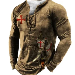 Men's T shirt Tee Tee Graphic Templar Cross Henley Black Light Brown Brown Dark Gray 3D Print Knight Plus Size Outdoor Street Long Sleeve Lace up Print Clothing Apparel Designer Stylish Vintage Basic