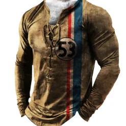 Men's T shirt Tee Tee Graphic Templar Cross Henley Black Light Brown Brown Dark Gray 3D Print Knight Plus Size Outdoor Street Long Sleeve Lace up Print Clothing Apparel Designer Stylish Vintage Basic