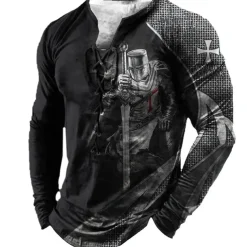 Men's T shirt Tee Tee Graphic Templar Cross Henley Black Light Brown Brown Dark Gray 3D Print Knight Plus Size Outdoor Street Long Sleeve Lace up Print Clothing Apparel Designer Stylish Vintage Basic