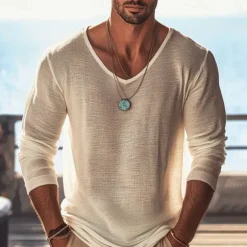 Men's T Shirt Tee Tee Top Long Sleeve Shirt Long Sleeve V Neck Summer Spring Plain Fashion Designer Basic Classic Vacation Street Going out Beige Top Tee for Men