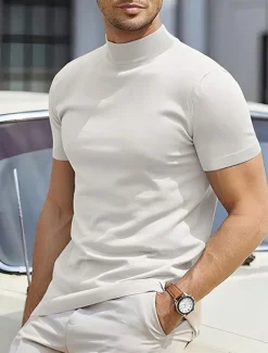 Men's T Shirt Tee Top Mock Turtleneck Short Sleeves Turtleneck Summer Plain Designer Basic Modern Contemporary Vacation Street Going out Wine Black White Top Tee for Men