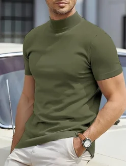 Men's T Shirt Tee Top Mock Turtleneck Short Sleeves Turtleneck Summer Plain Designer Basic Modern Contemporary Vacation Street Going out Wine Black White Top Tee for Men