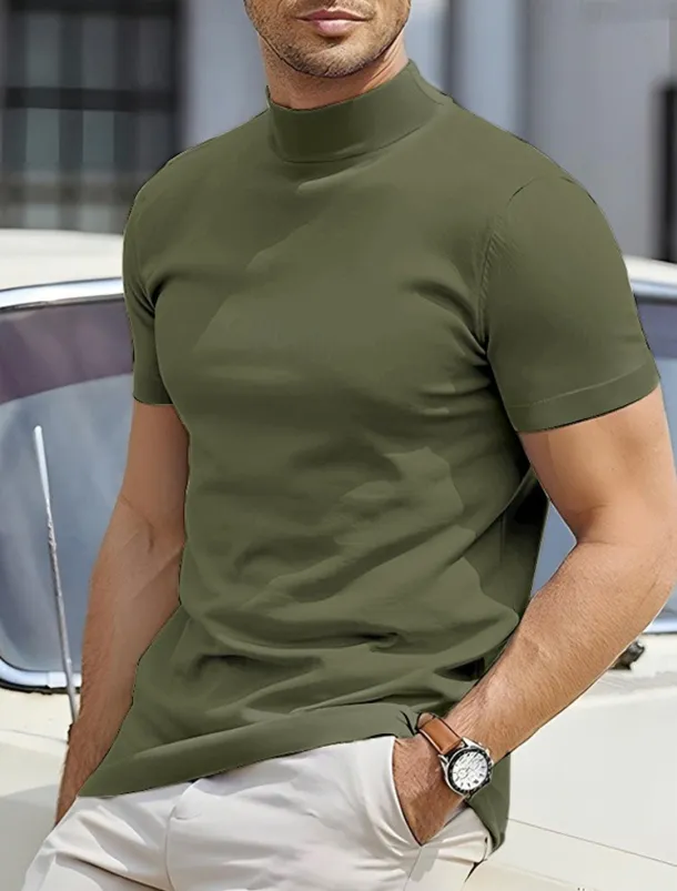 Men's T Shirt Tee Top Mock Turtleneck Short Sleeves Turtleneck Summer Plain Designer Basic Modern Contemporary Vacation Street Going out Wine Black White Top Tee for Men