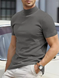 Men's T Shirt Tee Top Mock Turtleneck Short Sleeves Turtleneck Summer Plain Designer Basic Modern Contemporary Vacation Street Going out Wine Black White Top Tee for Men