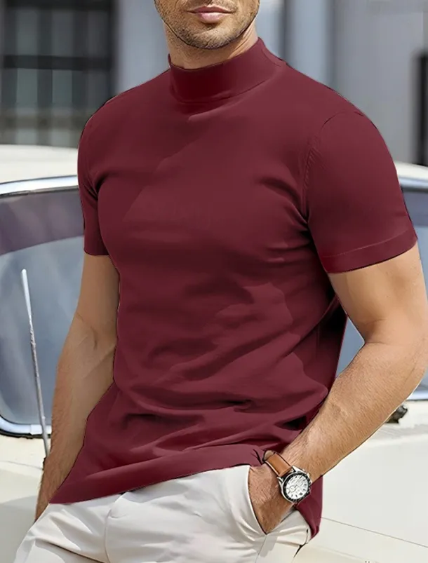 Men's T Shirt Tee Top Mock Turtleneck Short Sleeves Turtleneck Summer Plain Designer Basic Modern Contemporary Vacation Street Going out Wine Black White Top Tee for Men