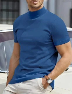 Men's T Shirt Tee Top Mock Turtleneck Short Sleeves Turtleneck Summer Plain Designer Basic Modern Contemporary Vacation Street Going out Wine Black White Top Tee for Men