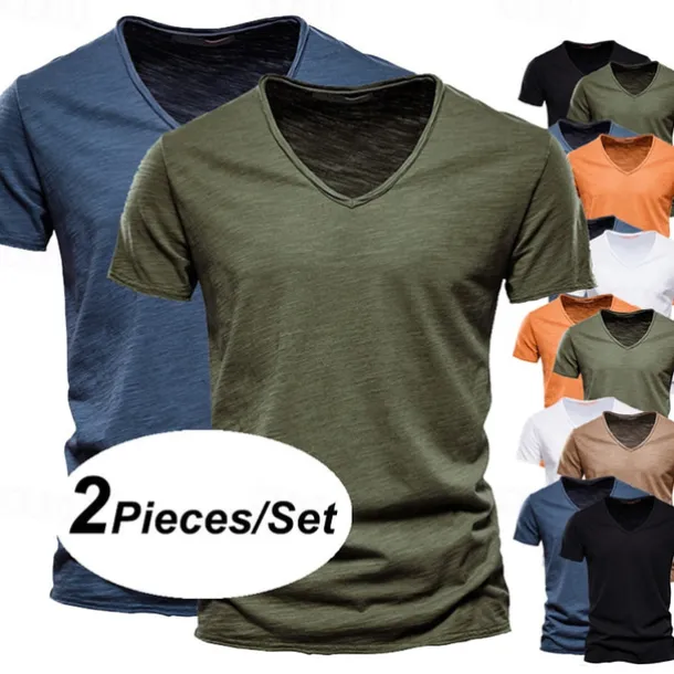 Men's T Shirt Tee Top Short Sleeves V Neck Summer Plain Fashion Designer Basic V Neck Vacation Street Going out White+Black White and Blue Orange / Green Top Tee for Men