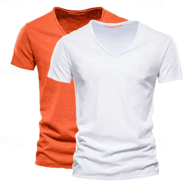 Men's T Shirt Tee Top Short Sleeves V Neck Summer Plain Fashion Designer Basic V Neck Vacation Street Going out White+Black White and Blue Orange / Green Top Tee for Men