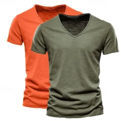 Men's T Shirt Tee Top Short Sleeves V Neck Summer Plain Fashion Designer Basic V Neck Vacation Street Going out White+Black White and Blue Orange / Green Top Tee for Men
