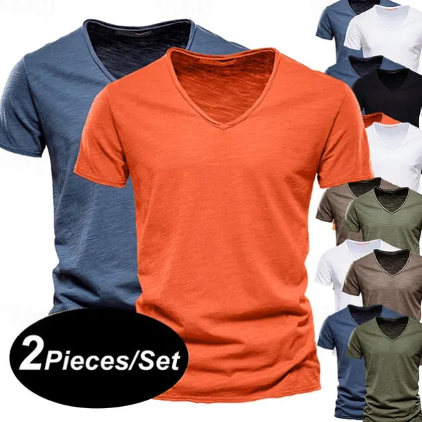 Men's T Shirt Tee Top Short Sleeves V Neck Summer Plain Fashion Designer Basic V Neck Vacation Street Going out White+Black White and Blue Orange / Green Top Tee for Men