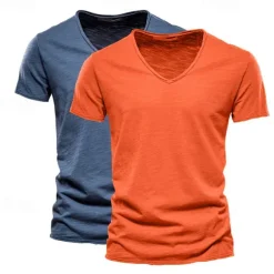Men's T Shirt Tee Top Short Sleeves V Neck Summer Plain Fashion Designer Basic V Neck Vacation Street Going out White+Black White and Blue Orange / Green Top Tee for Men