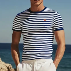 Men's T Shirt Tee Top Short Sleeves Crew Neck Summer Striped Fashion Designer Basic Front Pocket Vacation Street Going out Black Red Light Gray Top Tee for Men