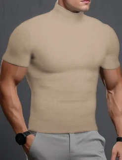 Men's T Shirt Tee Top Short Sleeves Turtleneck Summer Plain Pit Strip Fashion Designer Basic Vacation Street Going out Black White Khaki Top Tee for Men