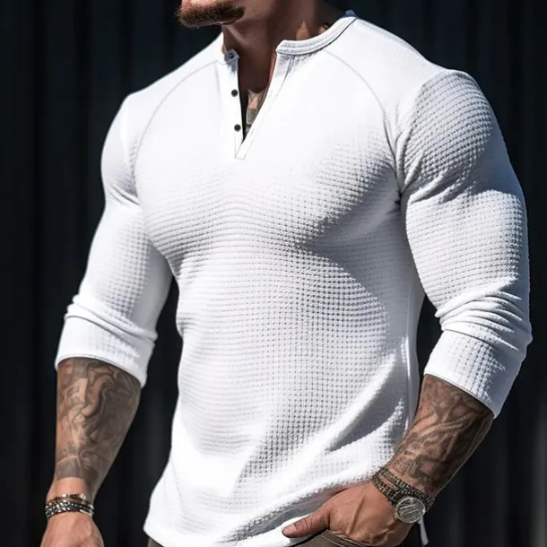 Men's T shirt Tee Waffle Henley Shirt Henley Shirt Tee Top Long Sleeve Shirt Plain Henley Street Vacation Long Sleeve Clothing Apparel Fashion Designer Basic