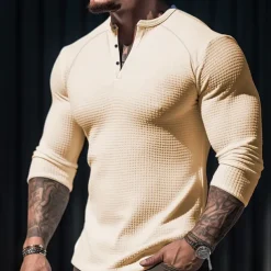 Men's T shirt Tee Waffle Henley Shirt Henley Shirt Tee Top Long Sleeve Shirt Plain Henley Street Vacation Long Sleeve Clothing Apparel Fashion Designer Basic
