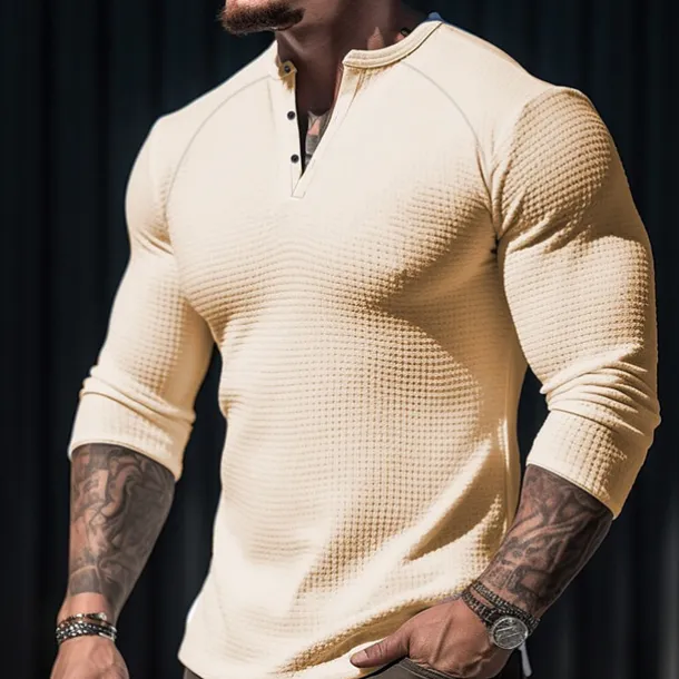 Men's T shirt Tee Waffle Henley Shirt Henley Shirt Tee Top Long Sleeve Shirt Plain Henley Street Vacation Long Sleeve Clothing Apparel Fashion Designer Basic
