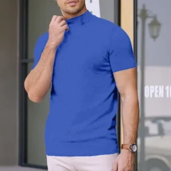 Men's T Shirt Turtleneck shirt Knit Tee Tee Top Short Sleeves Turtleneck Summer Plain Fashion Designer Basic Knitting Vacation Street Going out Black White Navy Blue Top Tee for Men