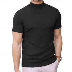 Men's T Shirt Turtleneck shirt Knit Tee Tee Top Short Sleeves Turtleneck Summer Plain Fashion Designer Basic Knitting Vacation Street Going out Black White Navy Blue Top Tee for Men