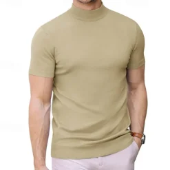 Men's T Shirt Turtleneck shirt Knit Tee Tee Top Short Sleeves Turtleneck Summer Plain Fashion Designer Basic Knitting Vacation Street Going out Black White Navy Blue Top Tee for Men