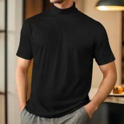 Men's T Shirt Turtleneck shirt Short Sleeve Turtleneck Summer Spring Plain Fashion Casual Comfortable Soft Home Causal Weekend Black White Gray Top Tee for Men