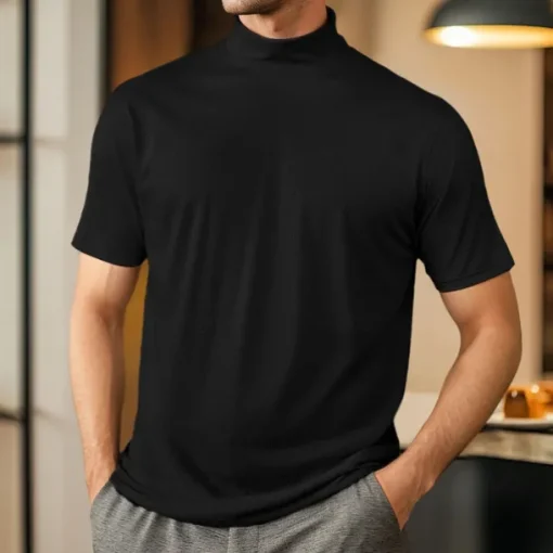 Men's T Shirt Turtleneck shirt Short Sleeve Turtleneck Summer Spring Plain Fashion Casual Comfortable Soft Home Causal Weekend Black White Gray Top Tee for Men