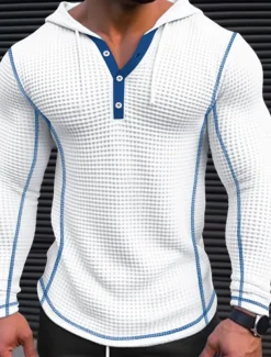 Men's T Shirt Waffle Henley Shirt Henley Shirt Tee Top Long Sleeve Henley Spring & Fall Plain Fashion Designer Basic Patchwork Hooded Vacation Street Going out Black White Navy Blue Top Tee for Men