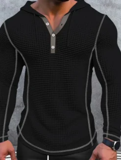 Men's T Shirt Waffle Henley Shirt Henley Shirt Tee Top Long Sleeve Henley Spring & Fall Plain Fashion Designer Basic Patchwork Hooded Vacation Street Going out Black White Navy Blue Top Tee for Men