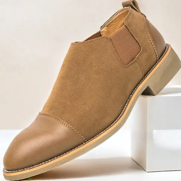 Men's Tan Chelsea Boots with Faux Leather and Suede Upper – Slip-On Elastic Design, Casual and Comfortable for Daily Wear or Semi-Formal Occasions