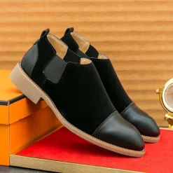 Men's Tan Chelsea Boots with Faux Leather and Suede Upper – Slip-On Elastic Design, Casual and Comfortable for Daily Wear or Semi-Formal Occasions