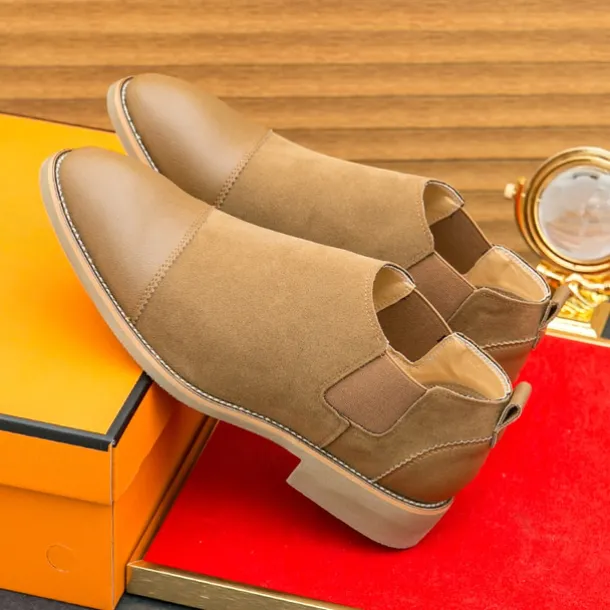 Men's Tan Chelsea Boots with Faux Leather and Suede Upper – Slip-On Elastic Design, Casual and Comfortable for Daily Wear or Semi-Formal Occasions
