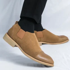 Men's Tan Chelsea Boots with Faux Leather and Suede Upper – Slip-On Elastic Design, Casual and Comfortable for Daily Wear or Semi-Formal Occasions