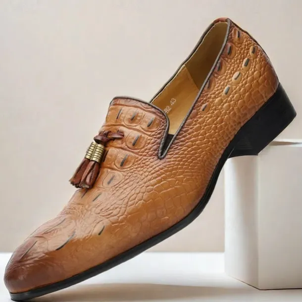 Men's Tan Crocodile Embossed Leather Loafers with Tassel Detail – Premium Cowhide Formal & Casual Dress Shoes